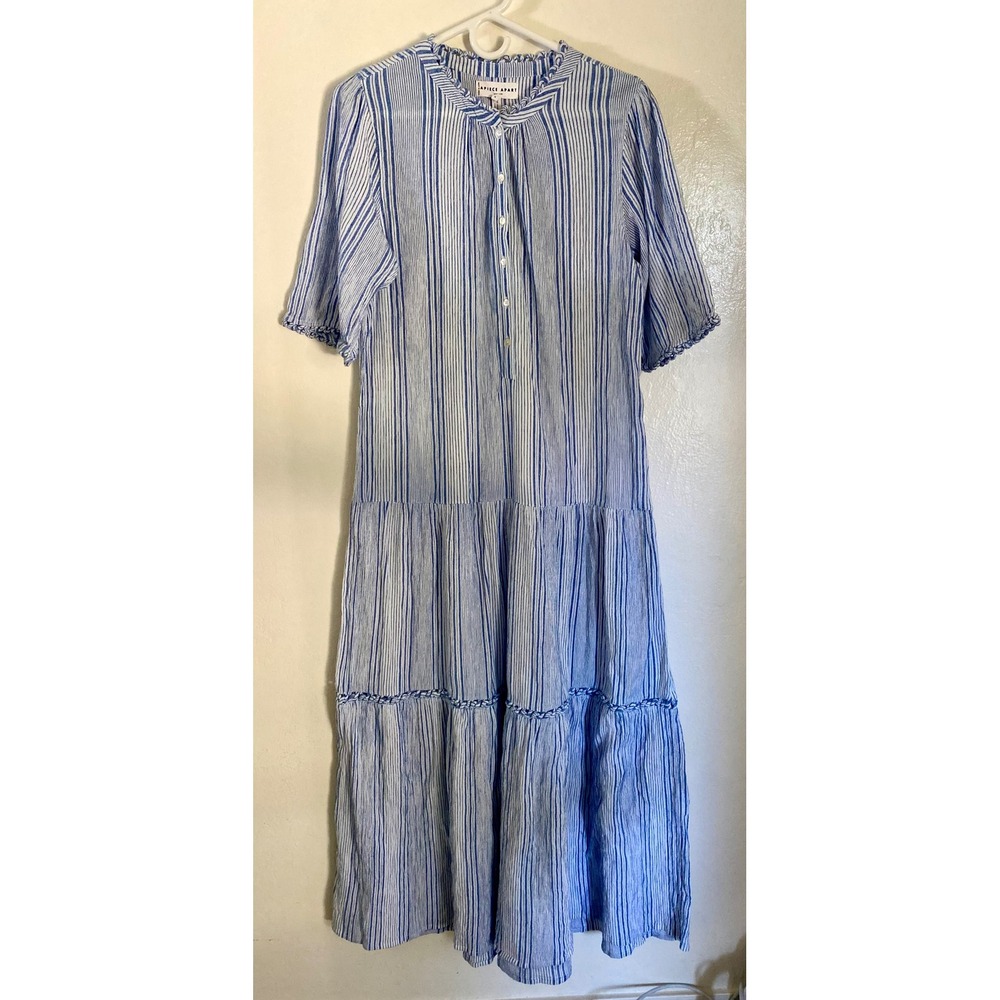 Apiece Apart Blue White Striped Tiered Cotton Maxi Dress Size 8 Short Sleeve